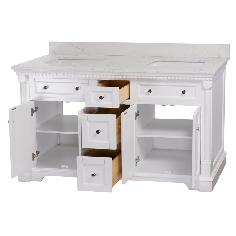 Fossen 60" Double Bathroom Vanity Set with White Cabinet and Engineered Marble Countertop, White, Engineered Marble