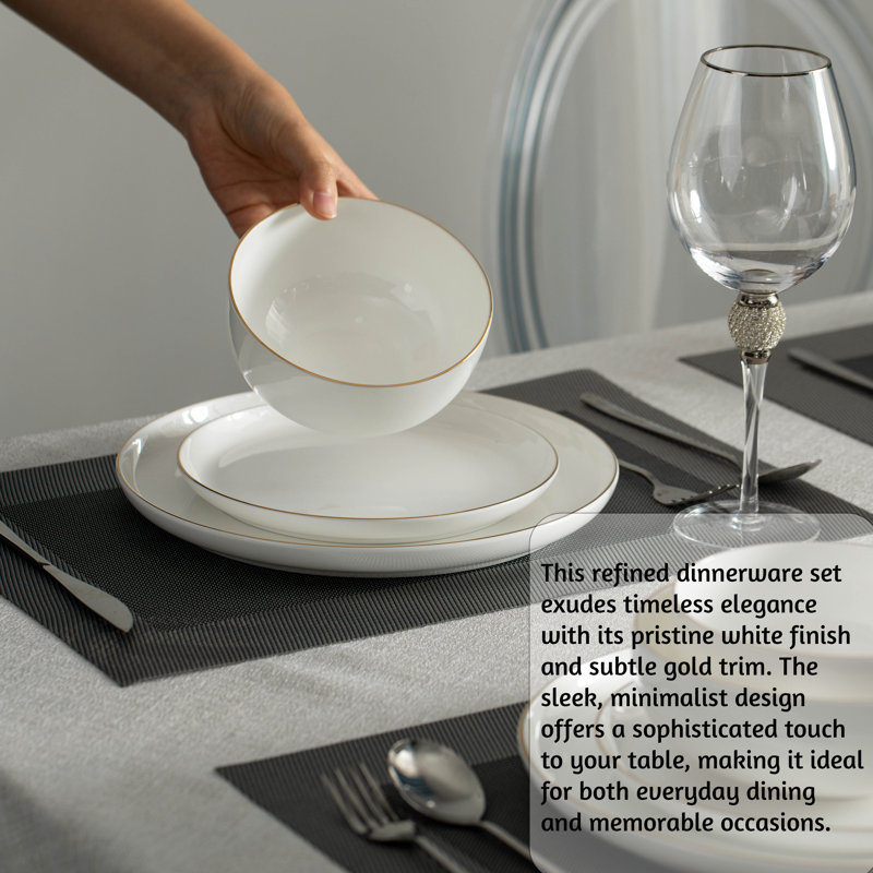 Elegant White Porcelain Dinnerware Set with Gold Accents, Service for 4
