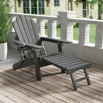Folding Adirondack Chair with Cup Holders, Fire Pit Chair with Retractable Ottoman, Multifunctional HIPS Chair for Patio
