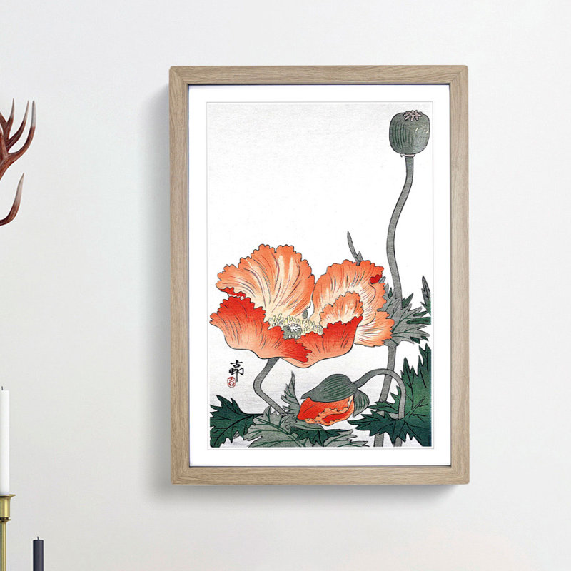 Poppy Flower by Ohara Koson - Picture Frame Painting Print, 36cm H x 27cm W x 2cm D, Oak Framed
