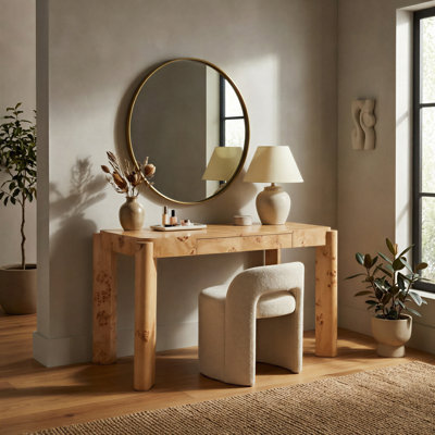 Maple Burl Vanity Desk with Hidden Drawer Console Table for Home Office or Makeup Storage
