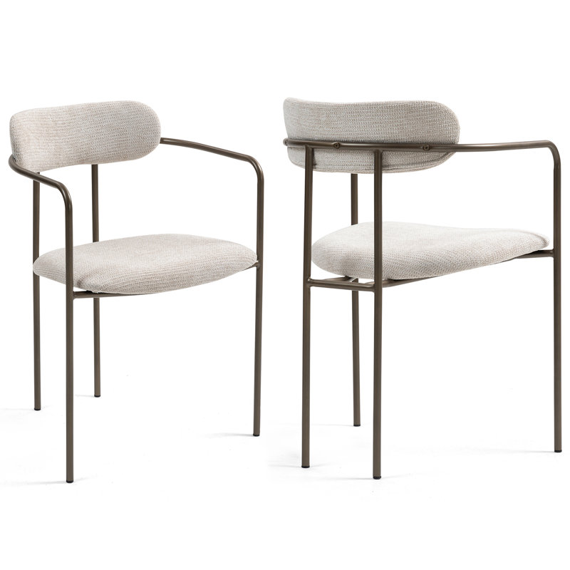 Ensemble de 2 chaises de salle à manger rembourrées en tissu tissé beige avec accoudoirs et pieds en fer brun Berker
