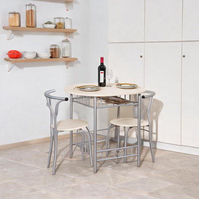 Ensemble table et chaises de petit-déjeuner en MDF naturel biologique avec tabouret de rangement sous le siège, idéal pour un coin repas.