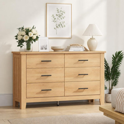 Modern Farmhouse 6-Drawer Dresser, 47" Wide Wooden Storage Chest with Deep Drawers, Thick Sturdy Legs & Metal Drawer Slides for Bedroom Nursery Entryway