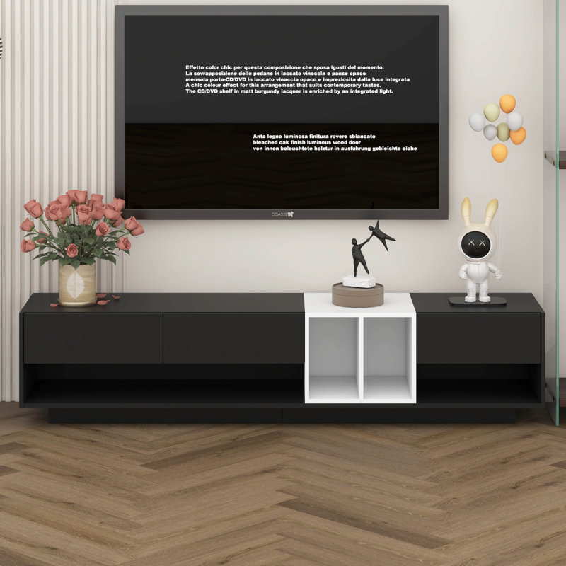 Meuble télé avec compartiment polyvalent, console multimédia à deux tons pour la télévision jusqu'à 80 po, armoire fonctionnelle pour le salon