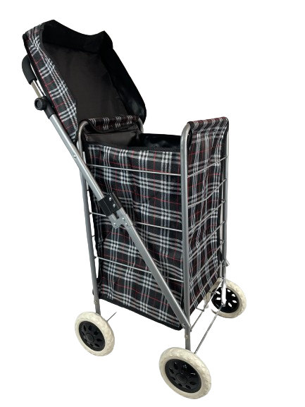 4 WHEEL SHOPPING TROLLEY - RED TARTAN, Black 