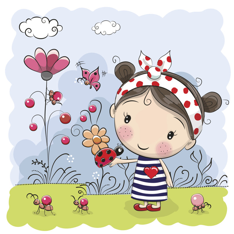Cute Cartoon Girl With Ladybug by Reginast777 - Wrapped Canvas Print, 122cm H x 122cm W x 3.8cm D