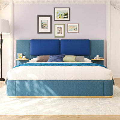 Très grand lit plateforme tapissier avec panneau, cadre de lit plateforme avec coins arrondis doux anti-collision, stable et solide, aucun sommier tapissier requis, assemblage facile, bleu