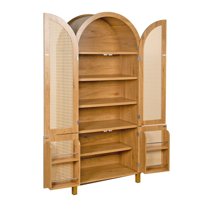 Armoire haute cintrée en rotin avec 4 portes et tablettes réglables, Chêne