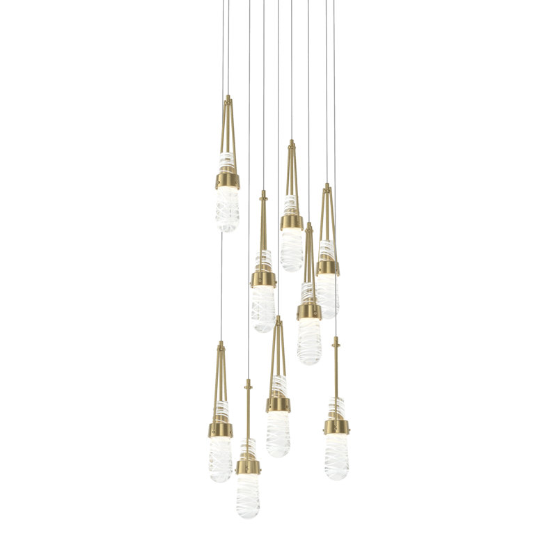 Luminaire suspendu 9 lumières Link, Long: 19" to 130", Transparent avec filetage blanc, Laiton moderne