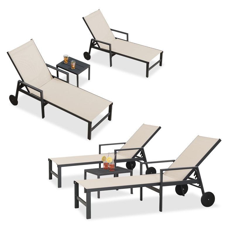 Jahnya Outdoor Metal Chaise Lounge with Table, Beige