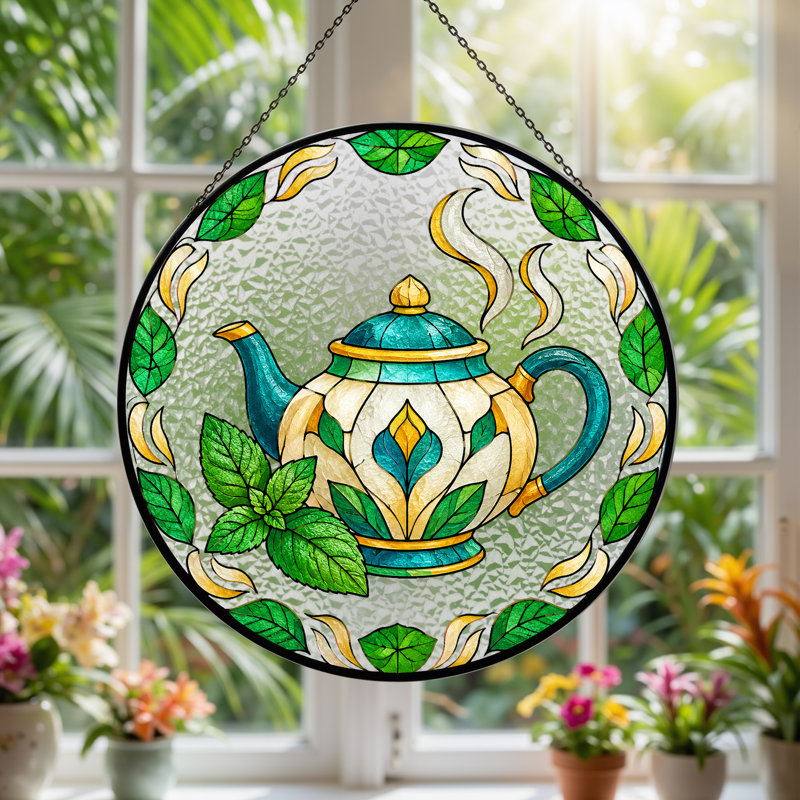 Théière bleue et dorée avec feuilles de menthe sur toile en verre coloré, H 7,8 po