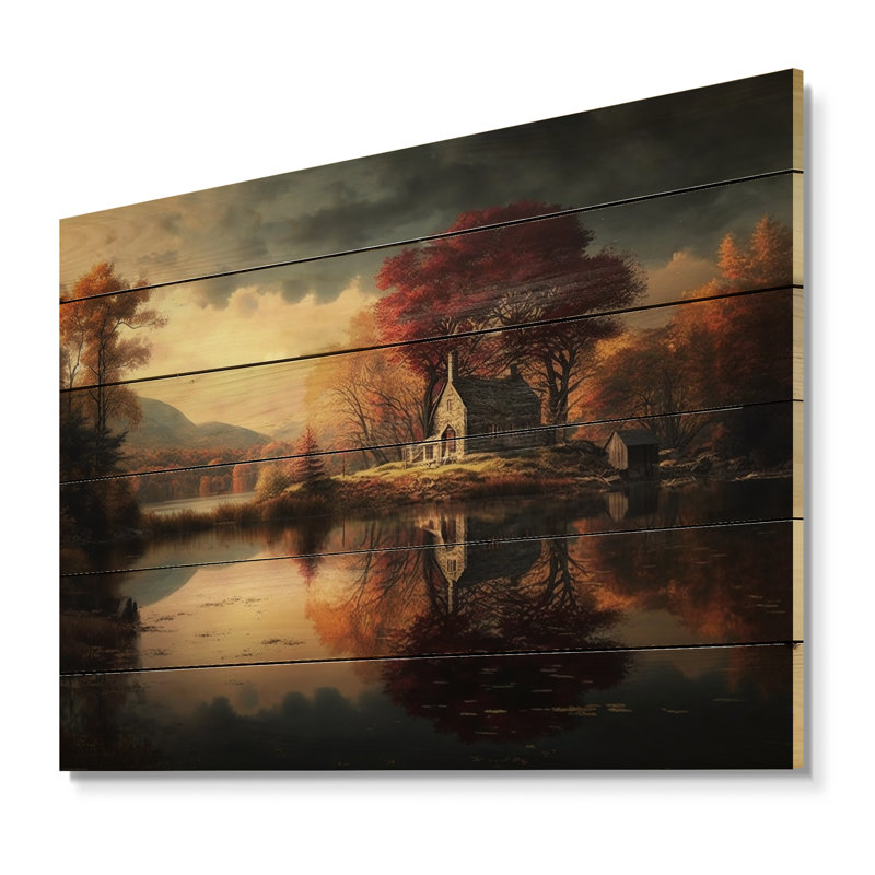 Charmante église dans les montagnes d'automne II - Paysage d'églises sur bois de pin naturel, H 30 po x l 40 po x P 0,78 po