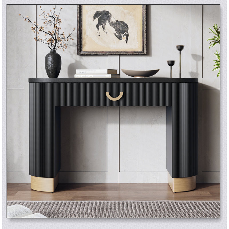 Console moderne Mirod avec conception nervurée verticale, rangement compact avec tiroir fonctionnel