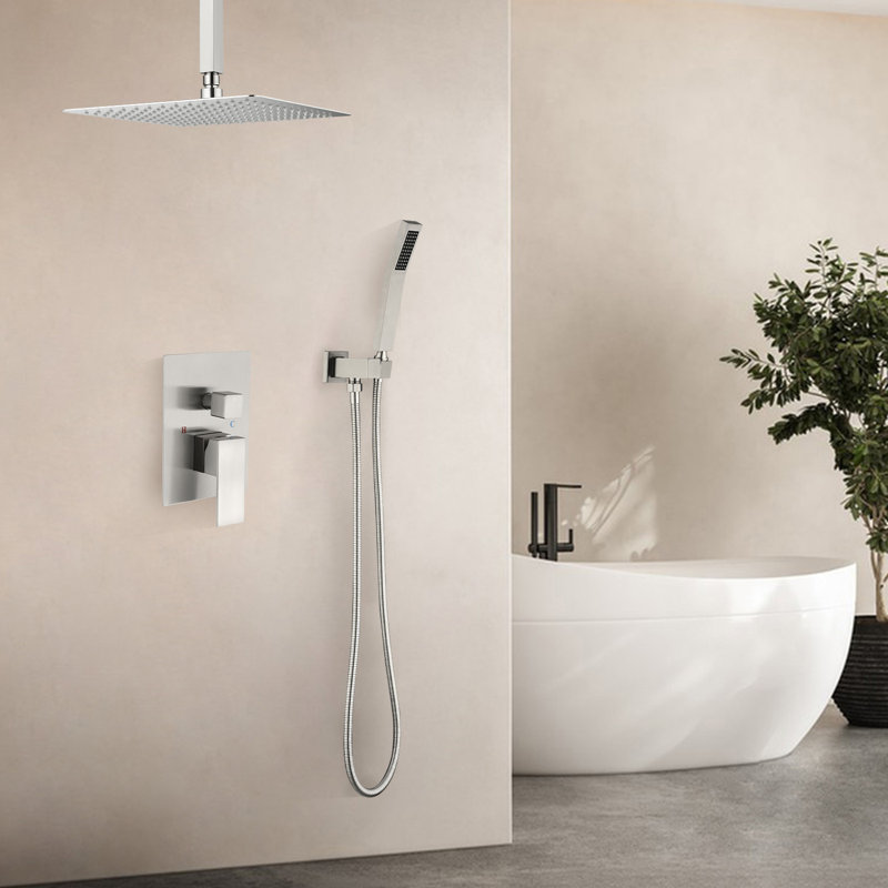 Luxury Ceiling-Mounted Rainfall Complete Shower System, Nickel brossé