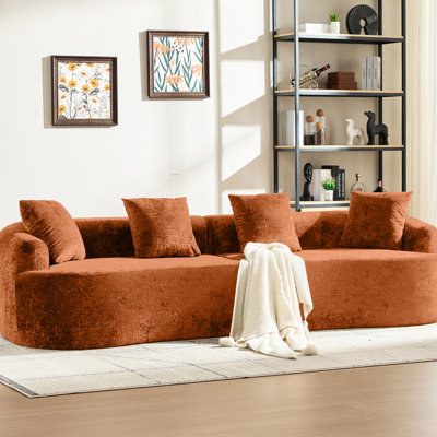 Canapé courbé orange en chenille, 3 coussins, siège profond pour appartement et petits espaces de vie, sans assemblage, support en mousse viscoélastique, avec appartement confortable, relax