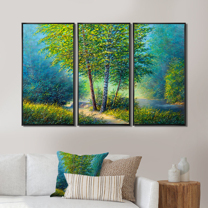 Three Vibrant Trees By The River - 3 pièces, reproduction sur toile, Cadre noir, L 36 po x H 28 po