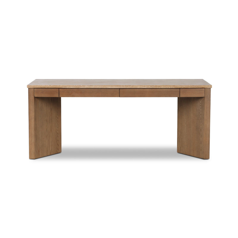 Lawson Writing Desk, Golden Travertine/Amber Oak Thin Veneer