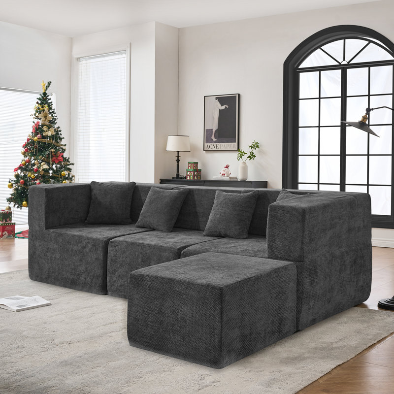 Cloud Modular Sectional Couch, L-Shaped Sectional with Boneless Design, Modern Minimalist Upholstered Couches Deep Seat Sleeper Sofa with Ottoman & Pillows