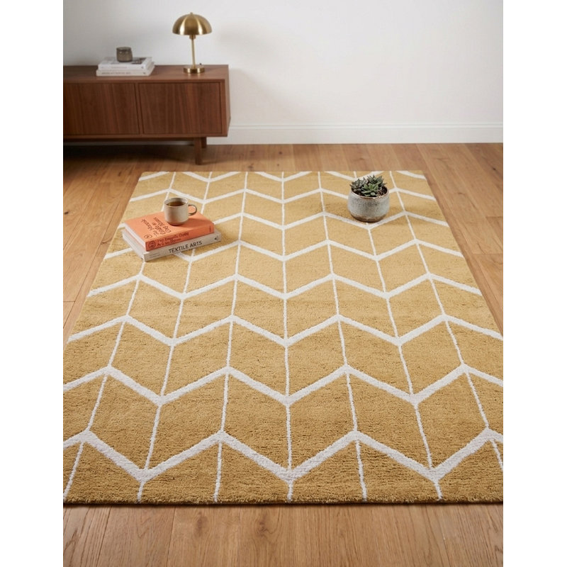 Or | Tapis d'intérieur beige géométrique en laine noué à la main, Rectangle de 5 pi x 8 pi