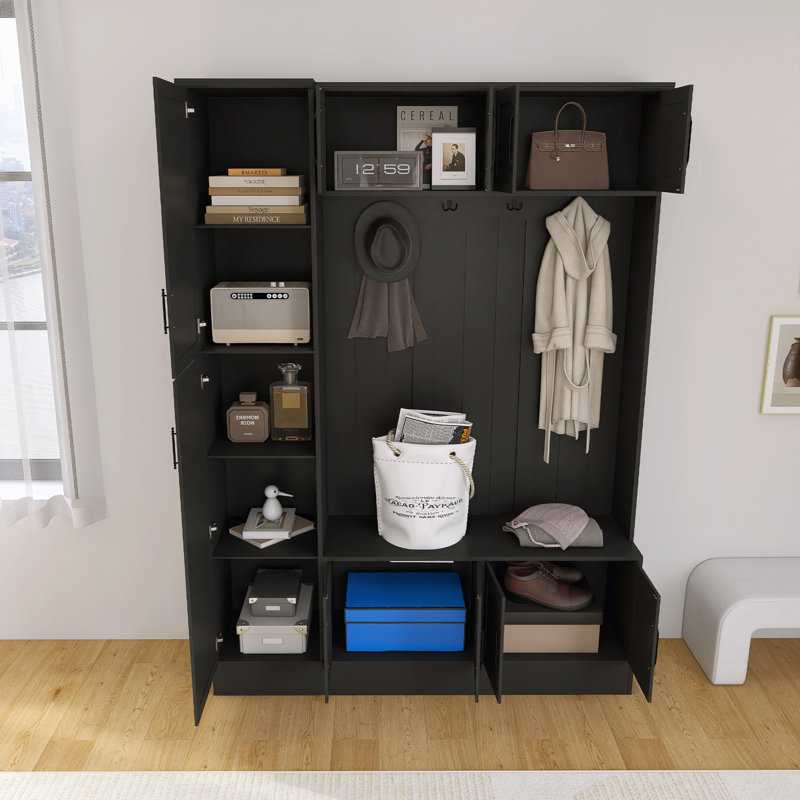 Modern Hall Tree With Shoe Storage, 4-In-1 Entryway Bench With 6 Cabinets, 4 Coat Hooks & Adjustable Shelf,Black, Black