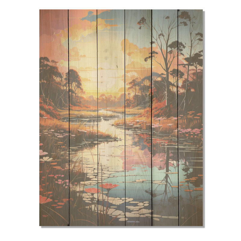 «Rivers River Sunrise Enchantment», art mural en bois sur bois de pin naturel, H 20 po x l 10 po