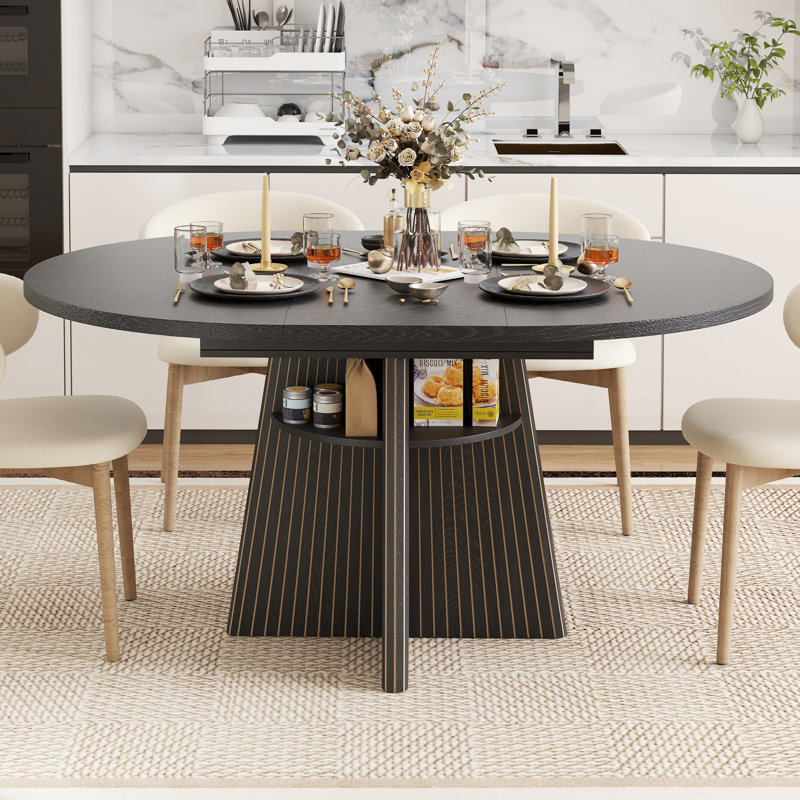 Extendable Dining Room Table For 4-6, Round Kitchen Table With Fluted Base, Oval Dinner Tables With 4 Storage Shelves, Black