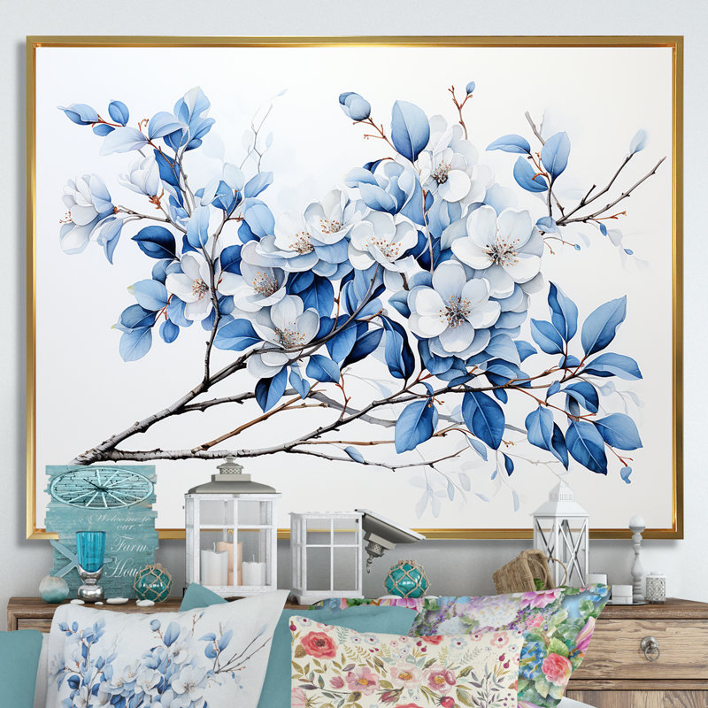 «Blue and Grey Leaves II», reproduction sur toile, Cadre flottant doré, 34" H x 44" W