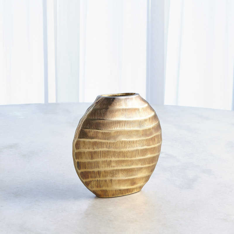 Chased Oval Vase-Antique Brass, 7.25" H x 7.75" W x 2.5" D