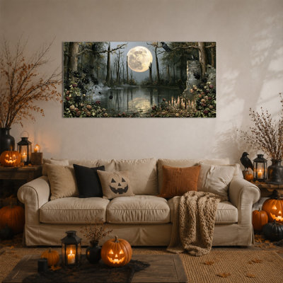Reproduction d'art sur toile d'Halloween, décoration gothique Raven au clair de la lune au lac de la forêt pour le bureau de la chambre à coucher, peinture fantaisiste sombre sur toile prête à être accrochée, toile tendue avec cadre en pin, 32 x 16 po