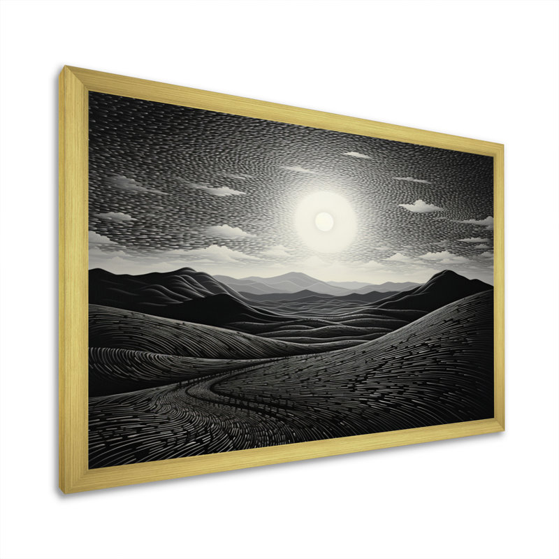 Désert majestueux pointillisme monochrome sur toile, H 16 po x l 32 po x P 1 po, Encadrement doré