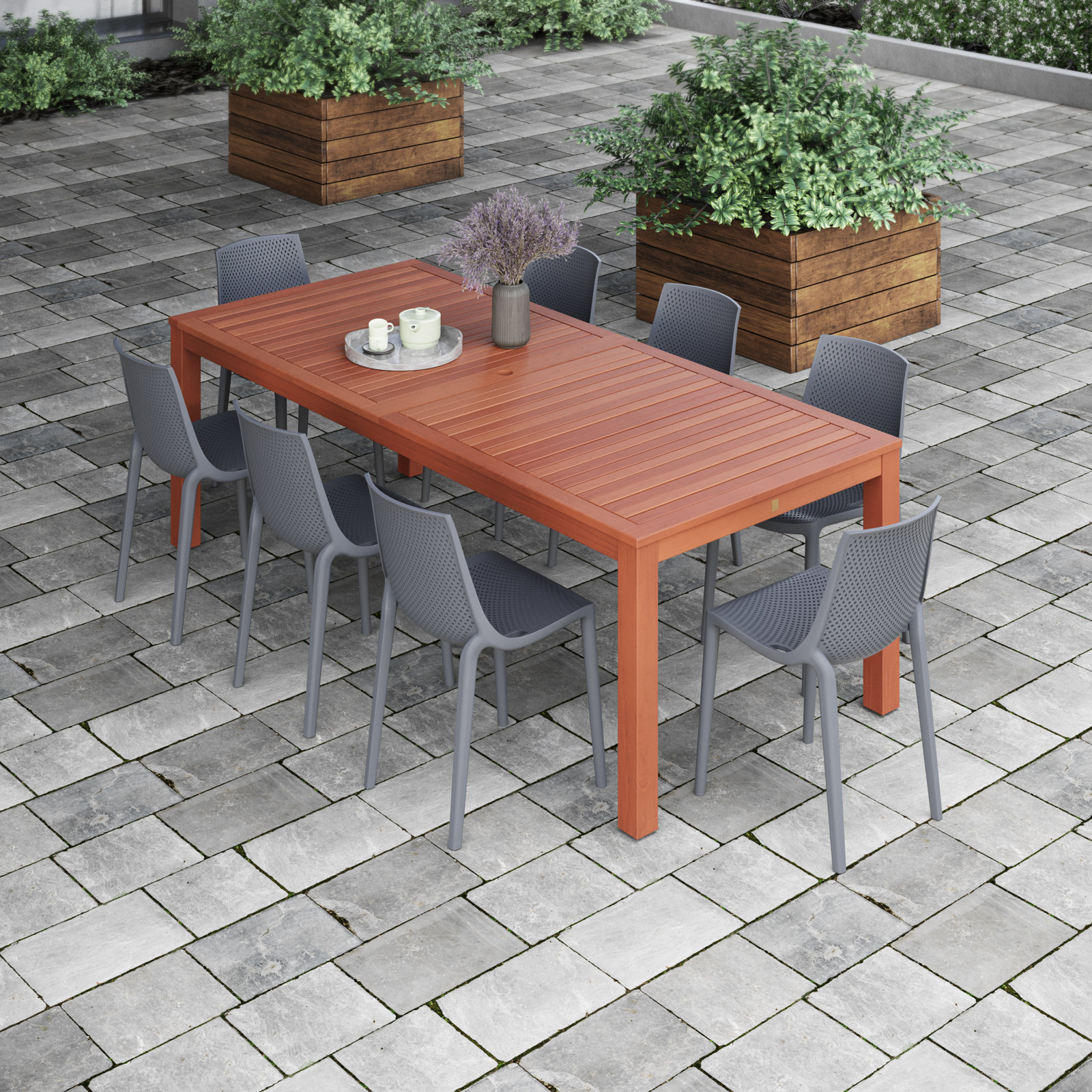 Anautica 88" Eucalyptus Patio Dining Set, Dark Gray