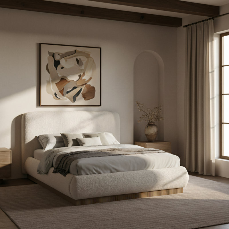 Rigby Upholstered Platform Bed, Queen, Cream Boucle Fabric