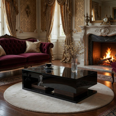 ON-TREND Modern Coffee Table With Tempered Glass, Wooden Cocktail Table With High-Gloss UV Surface, Modernist 2-Tier Rectangle Center Table For Living