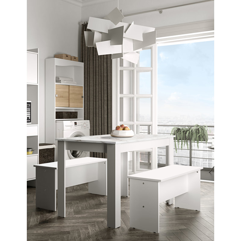 Romario Dining Set, White, White Marble, White Marble