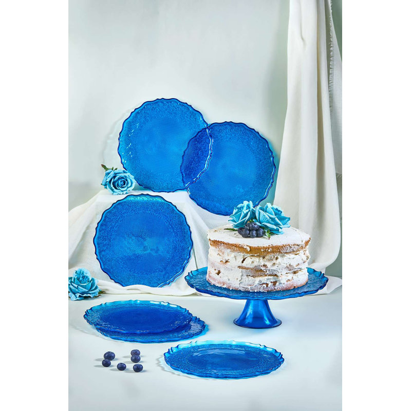 Ensemble d'assiettes à dessert élégantes 7 pièces, en verre bleu, comprenant 6 assiettes (8,3 po) et 1 support (11,0 po) | Verre 100% durable, parfait pour les fêtes et les réceptions, ajout élégant à votre collection de vaisselle