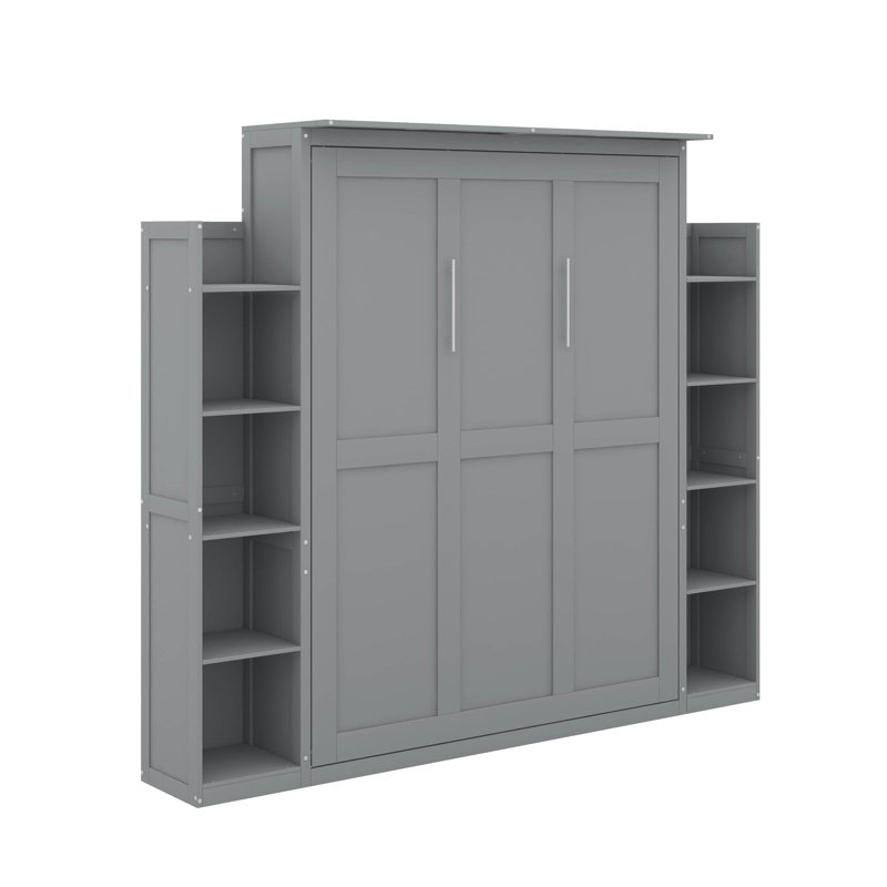 Grand lit escamotable avec tablettes et DEL, Gris