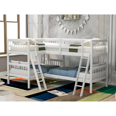 Twin Size L-Shaped Bunk Bed In White, Solid Wood For A Practical Bedroom - White. And Stylish. Versatile Layout Options. Strong Frame. Safe With Guardrail. No Box Spring. 118"L X80"W X60"H. Assembly