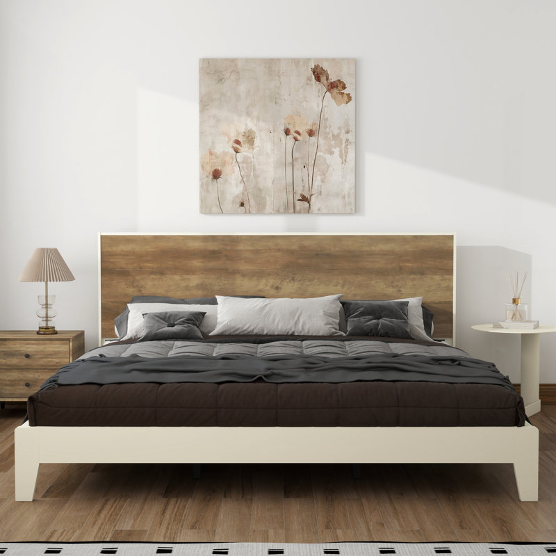 Allyannah Levison Platform Bed With Headboard, King, Ivory/Knotty oak