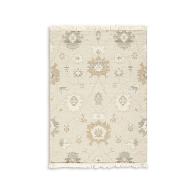 Tapis moyen Kia, motifs floraux tissés à la main, laine brun beige
