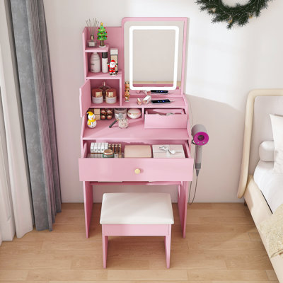 Miroir de coiffeuse 3 couleurs à DEL avec tabouret, coiffeuse rose pour la chambre à coucher, 2 tiroirs et 5 armoires de rangement (4 ouvertes + 1 cachée), éclairage réglable (rose)