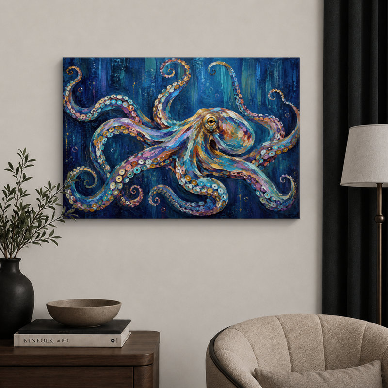 Art de pieuvre colorée, impression sur toile, impression sur toile encadrée, H 32 po x l 48 po x P 1,5 po, Toile tendue