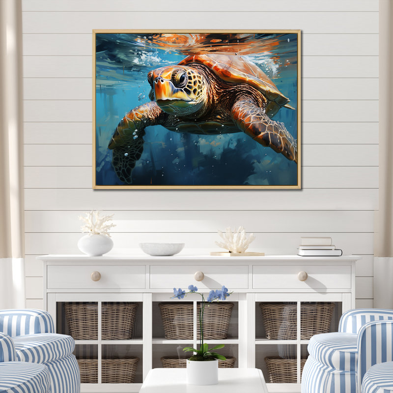 Azure Wanderer I - Tortue, art mural, salon, H 24 po x l 32 po x P 1 po, Cadre naturel flottant