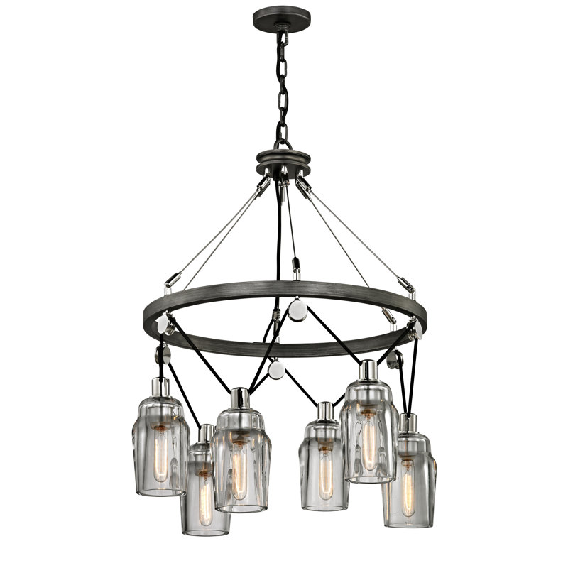 Graphite and Polished Nickel 6-Light Wagon Wheel Chandelier with Clear Glass Shades