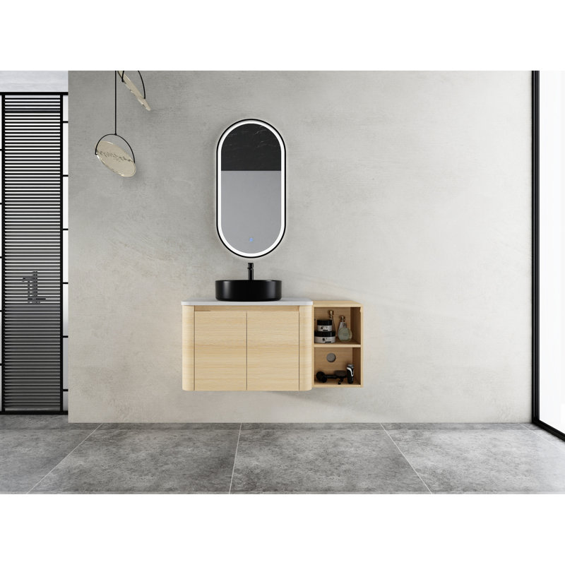 Meuble-lavabo mural de 42 po avec charnières à fermeture douce, lavabo d'art en céramique et conception compacte, parfait pour les tablettes de salle de bain compactes