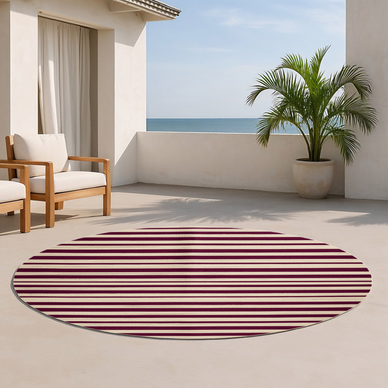 HorizontalStripes Beige Indoor and Outdoor Area Rug, Round 5'