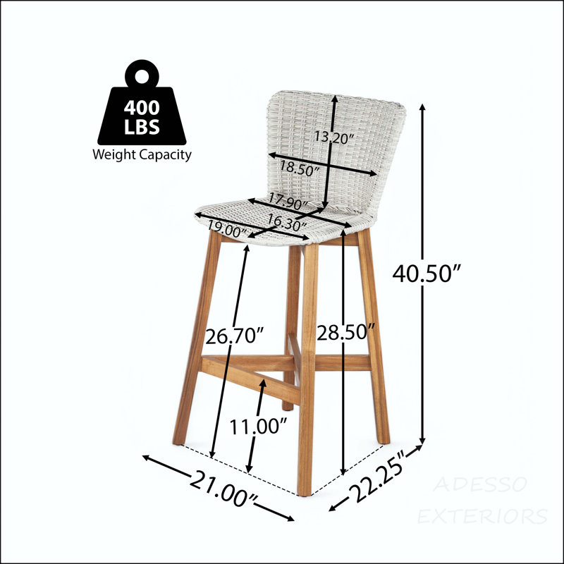 Ensemble de 2 tabourets de bar en bois d'acacia au fini teck avec siège et dossier en osier gris clair