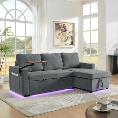 Lit contemporain en chenille avec fonction escamotable, table rétractable, éclairage décoratif à DEL, hublots et porte-gobelets, lit moderne gris luxueux, compartiments de rangement,