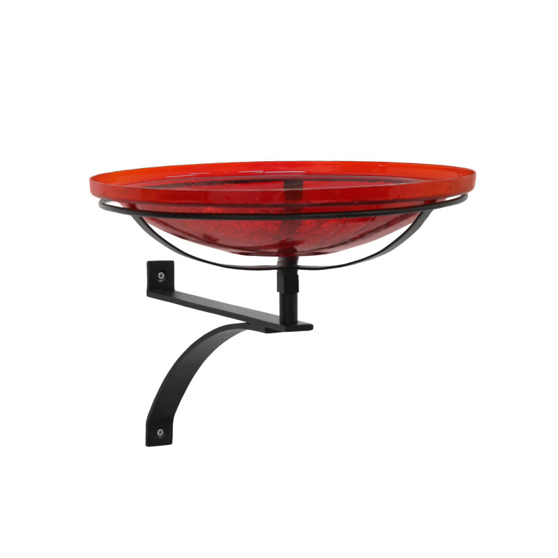 Red Crackle Glass Birdbath with Black Wrought Iron Wall Mount