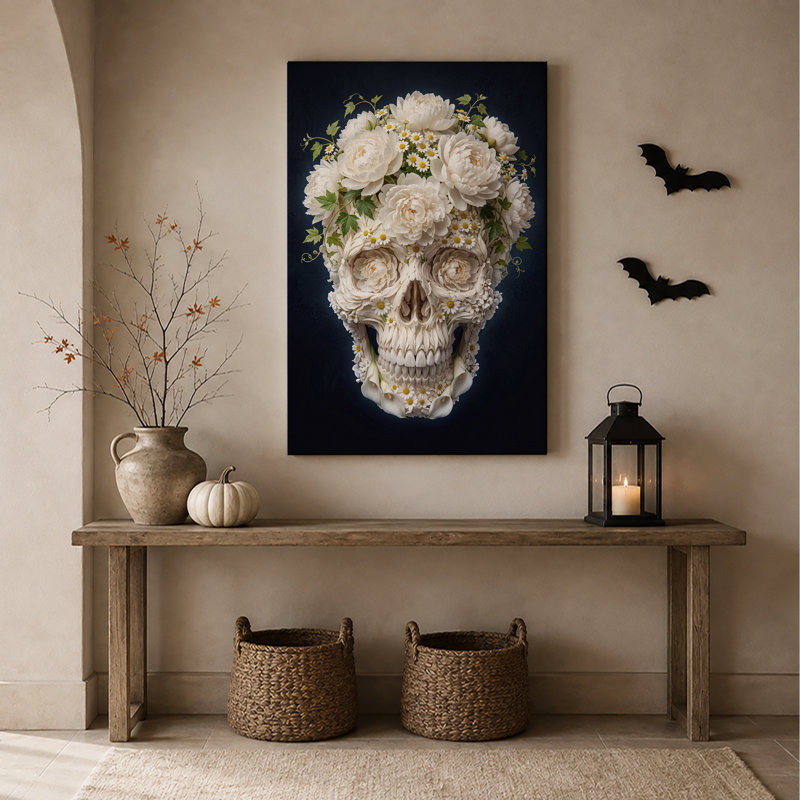 Art mural sur toile, crâne floral blanc avec feuilles vertes sur bleu foncé Halloween, H 24 po x l 16 po